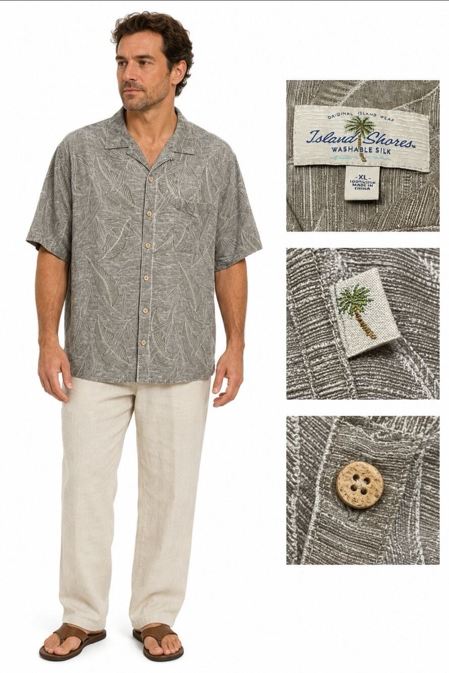 Resort Coastal Island Shores Silk Camp Shirt Size XL Gray Tropical Leaf Print